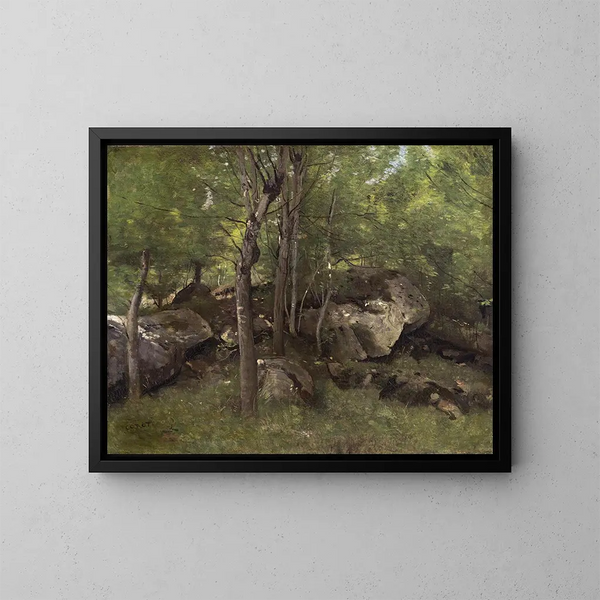 klippor i Fontainebleau-skogen - Jean-Baptiste-Camille Corot — inramlat konstverk på väggen