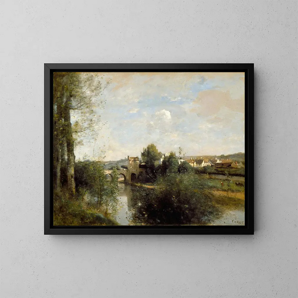 Seine och gamla bron i Limay - Jean-Baptiste-Camille Corot — inramlat konstverk på väggen