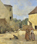 tre bondkvinnor som samtalar i en rustik gård - Jean-Baptiste-Camille Corot — vy av konstverket