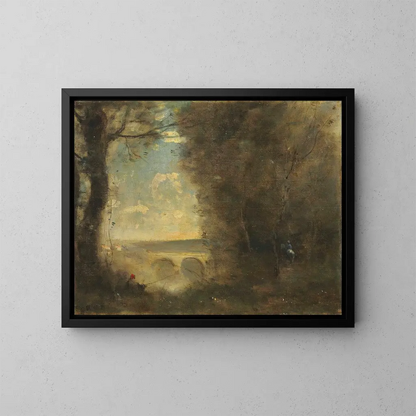 En fiskare med fiskespö, minne från Mantesbron - Jean-Baptiste-Camille Corot — inramlat konstverk på väggen