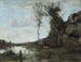 En bonde och hennes ko, dammen med en by i sikte - Jean-Baptiste-Camille Corot — vy av konstverket