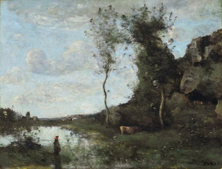 JeanBaptisteCamille Corot - Une Paysanne Et Sa Vache  La Mare En Vue Dun Village.webp