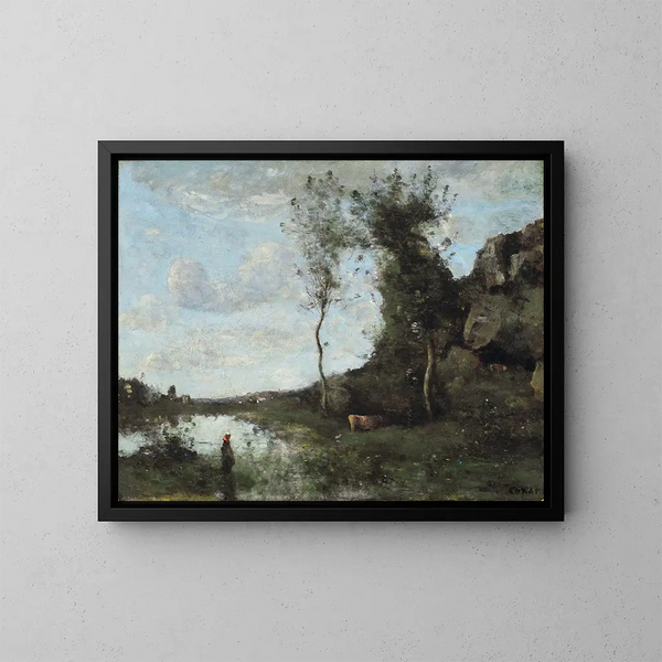 En bonde och hennes ko, dammen med en by i sikte - Jean-Baptiste-Camille Corot — inramlat konstverk på väggen