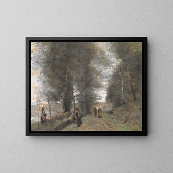 den skogsklädda stigen vid Ville-d'Avray som gränsar till dammen - Jean-Baptiste-Camille Corot — inramlat konstverk på väggen