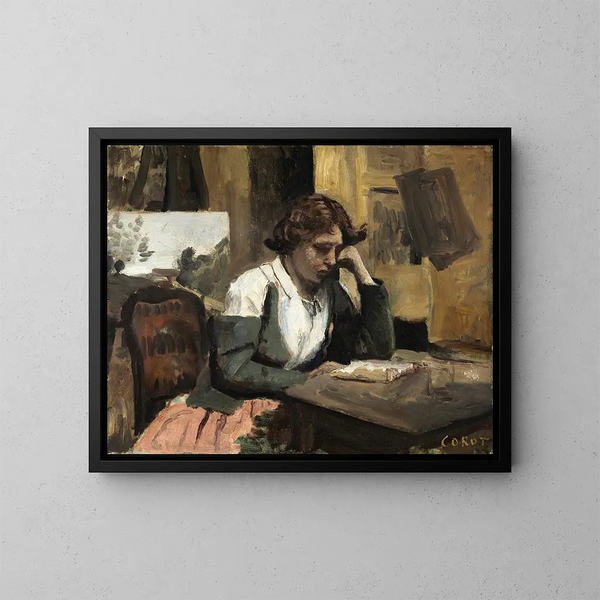 en kvinna som läser i ateljén - Jean-Baptiste-Camille Corot — inramlat konstverk på väggen