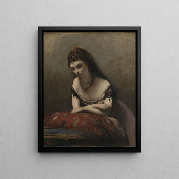 en ung kvinna som vilar på en kudde - Jean-Baptiste-Camille Corot — inramlat konstverk på väggen