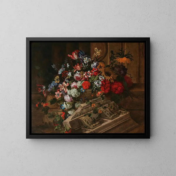 Blommor nära en klassisk klippa på en terrass - Jean-Baptiste Monnoyer — inramlat konstverk på väggen