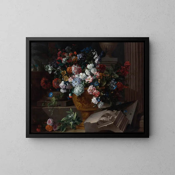 stilleben med blommor i en skulpterad urna med arkitektoniska fragment på en terrass - Jean-Baptiste Monnoyer — inramlat konstverk på väggen