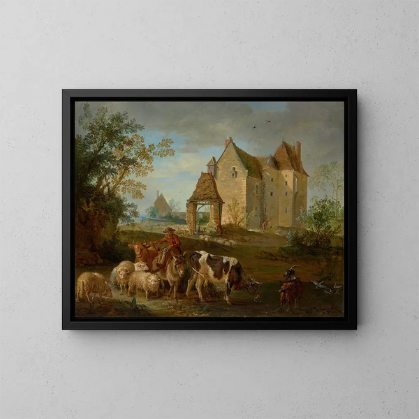ett landskap med en herde som leder djur till betet, ett slott i fjärran - Jean-Baptiste Oudry — inramlat konstverk på väggen
