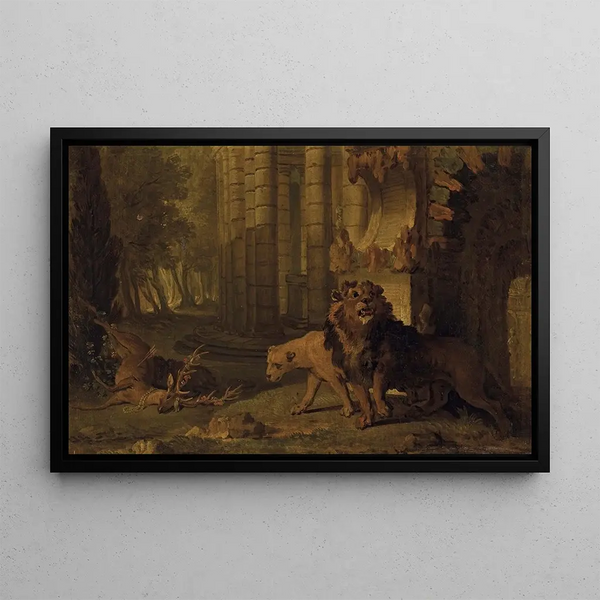 Atalante och Hippomène förvandlade till lejon - Jean-Baptiste Oudry — inramlat konstverk på väggen