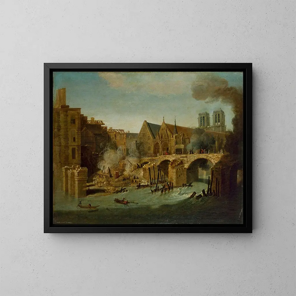Le Petit Pont efter branden 1718 - Jean-Baptiste Oudry — inramlat konstverk på väggen