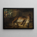 leopard i bur konfronterad med två mâtins - Jean-Baptiste Oudry — inramlat konstverk på väggen