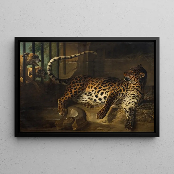 leopard i bur konfronterad med två mâtins - Jean-Baptiste Oudry — inramlat konstverk på väggen