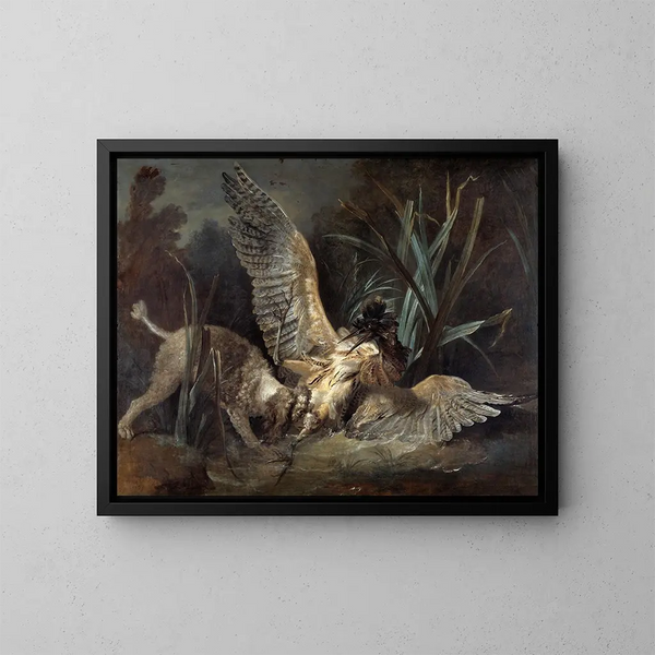 épagneul som fångar en bock - Jean-Baptiste Oudry — inramlat konstverk på väggen