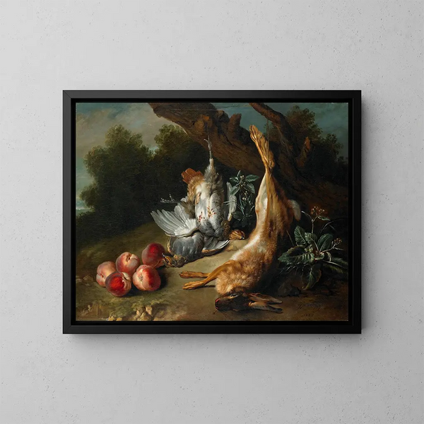 naturtavla med dött vilt och persikor i ett landskap - Jean-Baptiste Oudry — inramlat konstverk på väggen