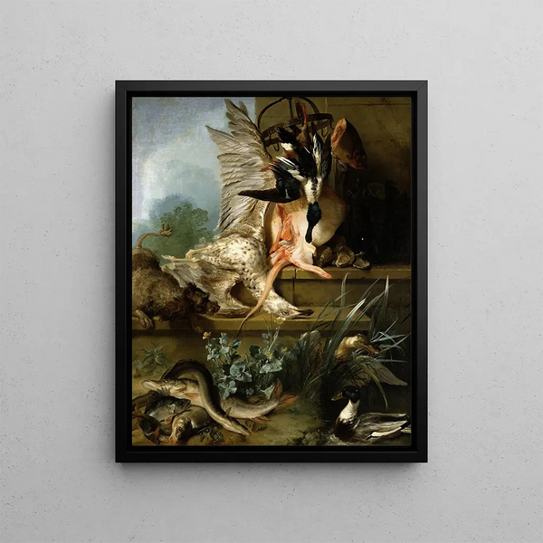 still life med en jaktspaniel som jagar ankor - Jean-Baptiste Oudry — inramlat konstverk på väggen