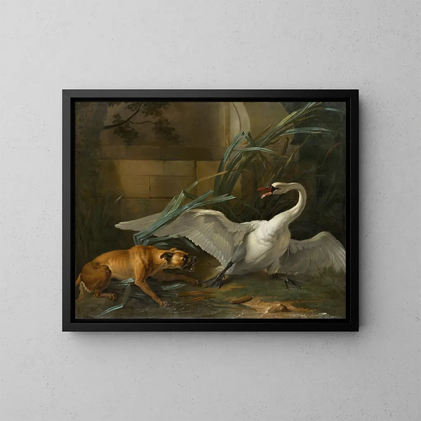 Svanen attackerad av en hund - Jean-Baptiste Oudry — inramlat konstverk på väggen