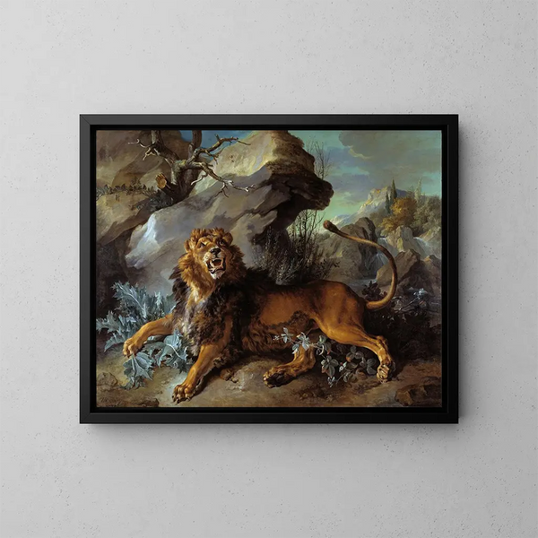 Le Lion et la Mouche - Jean-Baptiste Oudry — inramlat konstverk på väggen