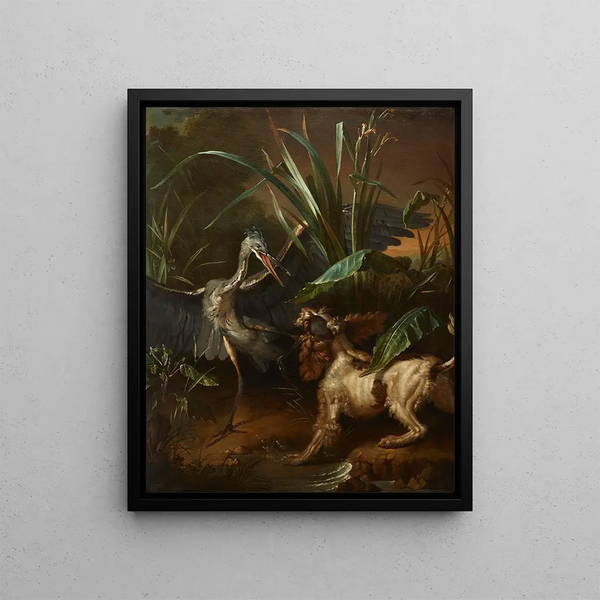 en vattenretriever mot en häger - Jean-Baptiste Oudry — inramlat konstverk på väggen