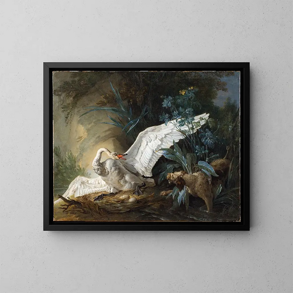 En enastående vattenhund som överraskar en svan på sitt bo - Jean-Baptiste Oudry — inramlat konstverk på väggen