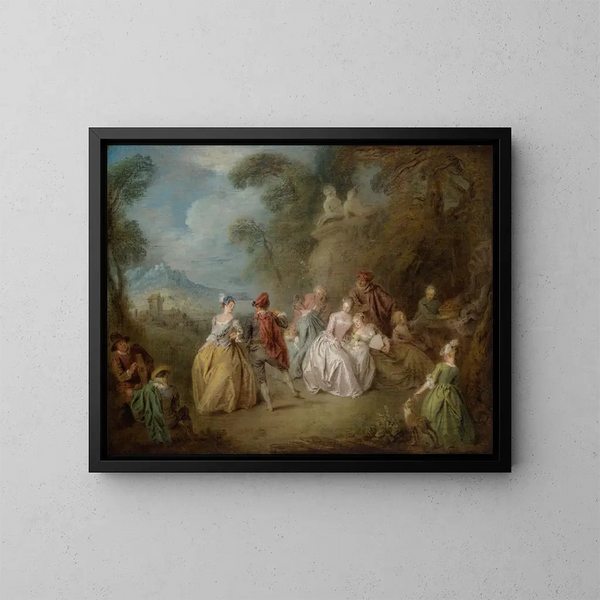 en courtésescen i en park - Jean-Baptiste Pater — inramlat konstverk på väggen