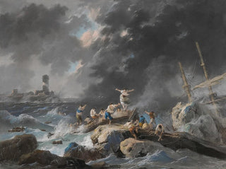 En skeppsbrott på en kust under en storm med ett fyrtorn i fjärran - Jean-Baptiste Pillement — vy av konstverket