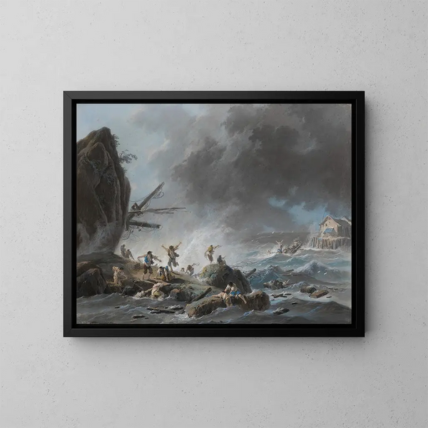 En skeppsbrott på en klippig kust under en storm - Jean-Baptiste Pillement — inramlat konstverk på väggen