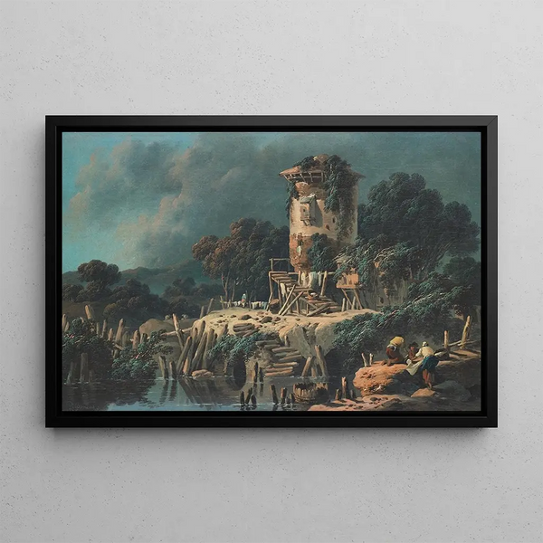 La vieille tour, paysage pastoral - Jean-Baptiste Pillement — inramlat konstverk på väggen