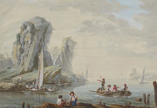 JeanBaptiste Pillement - Meeresbucht mit groen Felsen links und Fischern.webp