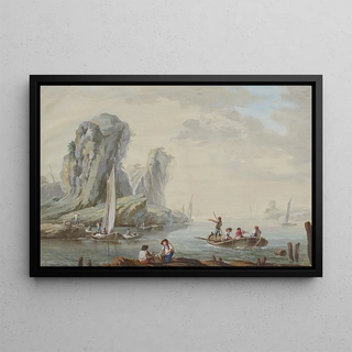 JeanBaptiste Pillement - Meeresbucht mit groen Felsen links und Fischern.webp