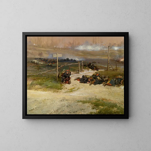 Vid foten av stolpen, fragment av panoramat av slaget vid Champigny - Jean-Baptiste Édouard Detaille — inramlat konstverk på väggen