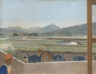 JeanEtienne Liotard - View toward the Mont Blanc Massif from the Artists Studio at Geneva with a Selfportrait.webp