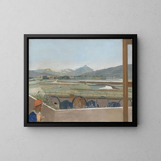 JeanEtienne Liotard - View toward the Mont Blanc Massif from the Artists Studio at Geneva with a Selfportrait.webp