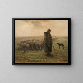 Bergère och hennes flock - Jean-François Millet — inramlat konstverk på väggen