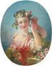 En ung kvinna som pryder sin pudrade frisyr med ett blomsterbukett av rosor - Jean-Honoré Fragonard — vy av konstverket