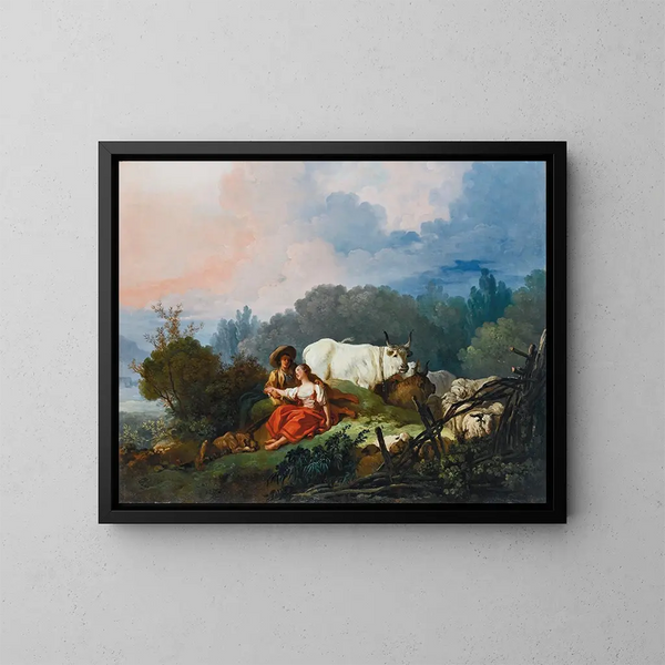 landskapslandskap med en herde och en herdinna vila - Jean-Honoré Fragonard — inramlat konstverk på väggen