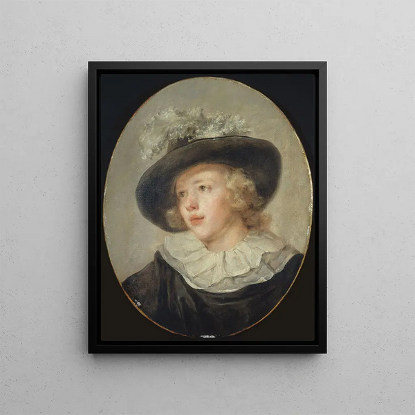 Porträtt av ung pojke med en fjäderhatt - Jean - Honoré Fragonard — inramlat konstverk på väggen