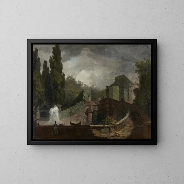 Långsam reproduktion av den monumentala trappan i Villa d'Este i Tivoli - Jean-Honoré Fragonard — inramlat konstverk på väggen