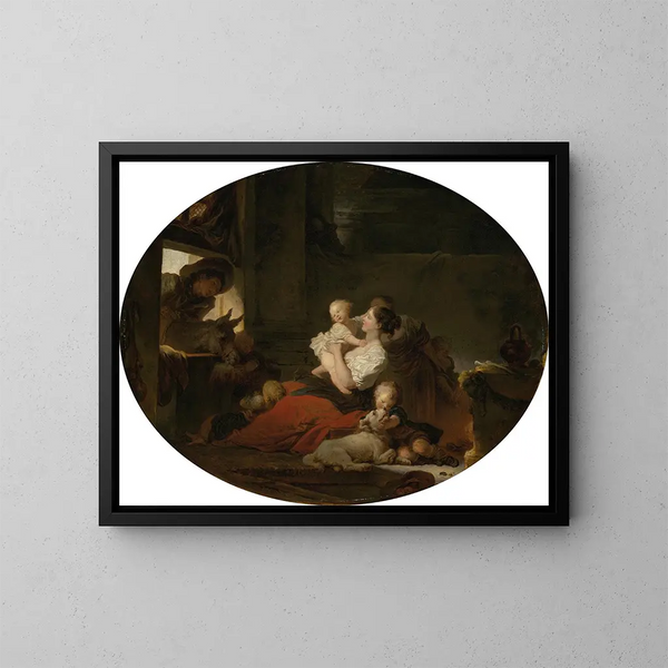 La Famille heureuse - Jean-Honoré Fragonard — inramlat konstverk på väggen