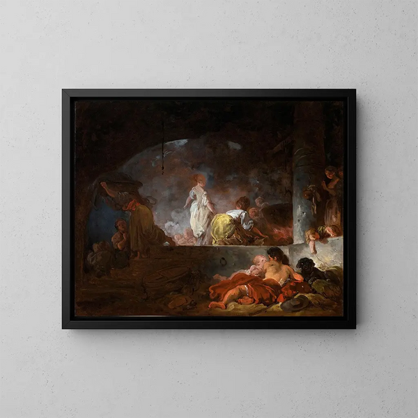 Les Blanchisseuses - Jean-Honoré Fragonard — inramlat konstverk på väggen