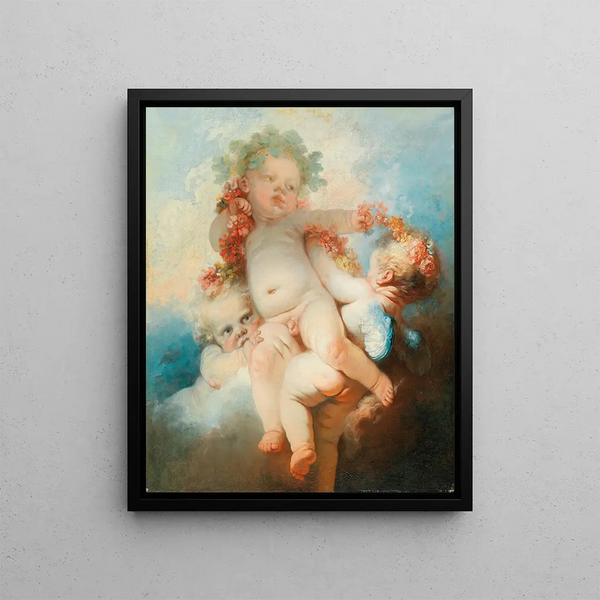 Tre putti krönt med blommor - Jean-Honoré Fragonard — inramlat konstverk på väggen