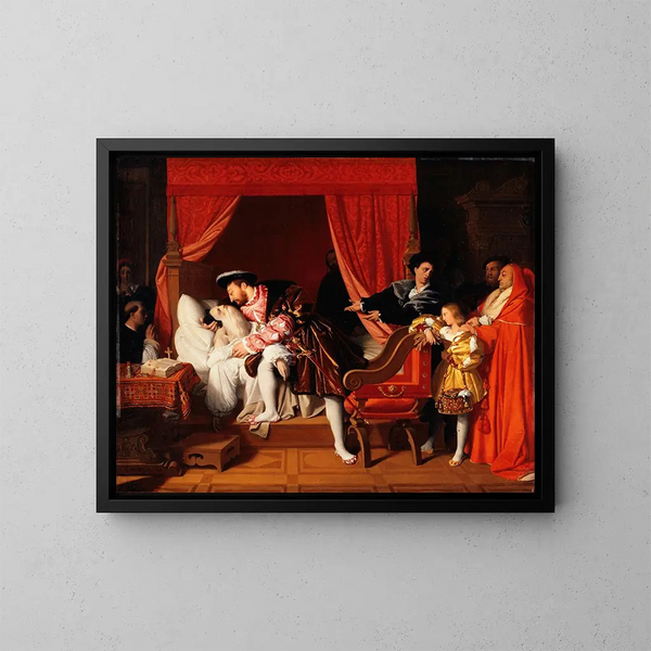Leonardo da Vinci-konsttryck av Jean-Auguste-Dominique Ingres | Målning av François I som tar sina sista andetag — inramlat konstverk på väggen