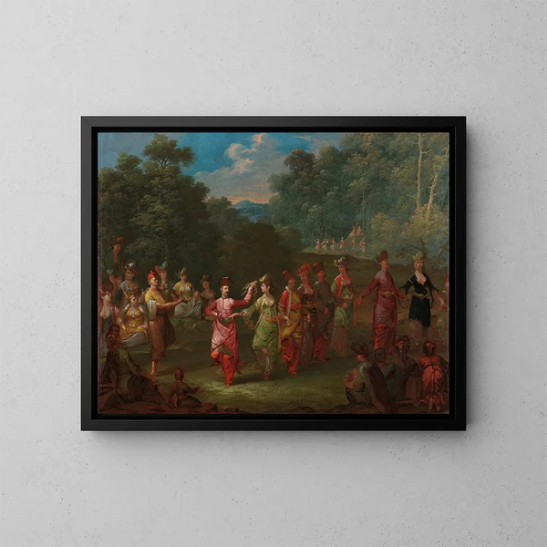 grekiska män och kvinnor som dansar khorra - Jean-Baptiste Vanmour — inramlat konstverk på väggen