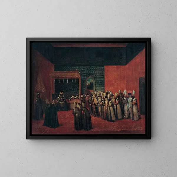 Sultan Ahmed III mottar en europeisk ambassadör - Jean-Baptiste Vanmour — inramlat konstverk på väggen