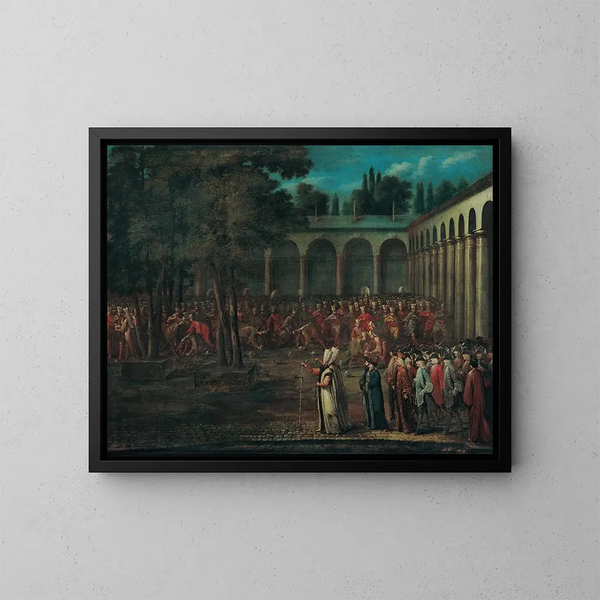 La délégation ambassadrice traversant le deuxième cour de palais de Topkapi - Jean-Baptiste Vanmour — inramlat konstverk på väggen
