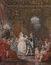 En fest i ett Louis XVI-inrett rum upplyst av ett ljusstake och en fackla med ett dansande par i minuet - Jean Démosthène Dugourc — vy av konstverket