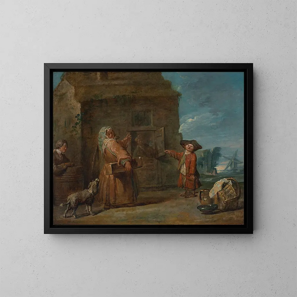 En genrebild, kanske "Prestidigitörens låda" - Jean Siméon Chardin — inramlat konstverk på väggen
