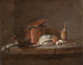 Köksredskap med purjolök, fisk och ägg - Jean Siméon Chardin — vy av konstverket