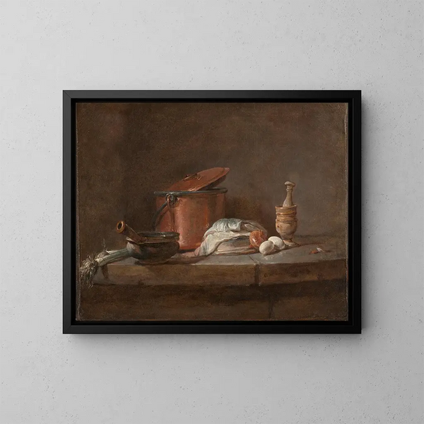 Köksredskap med purjolök, fisk och ägg - Jean Siméon Chardin — inramlat konstverk på väggen