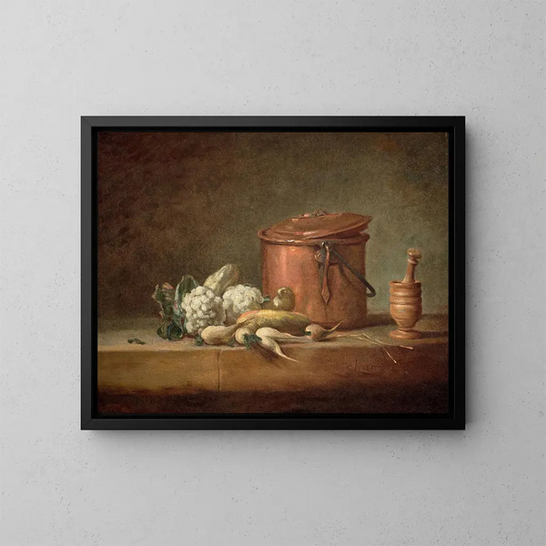 kopparmarmite, blomkål och grugeur med sin mortel på ett skåp - Jean Siméon Chardin — inramlat konstverk på väggen